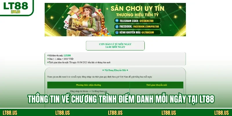 Thông tin về chương trình điểm danh mỗi ngày tại LT88